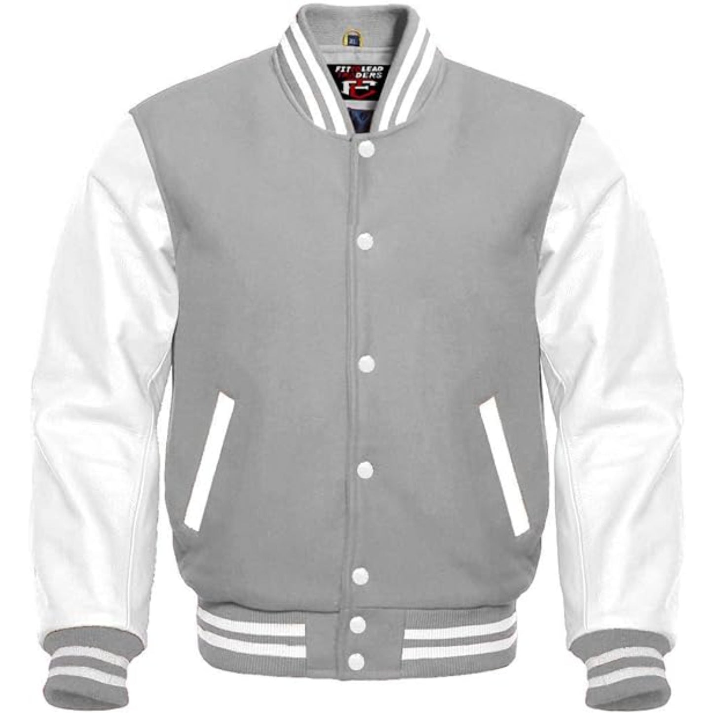 Gray and white varsity jacket on a white background
