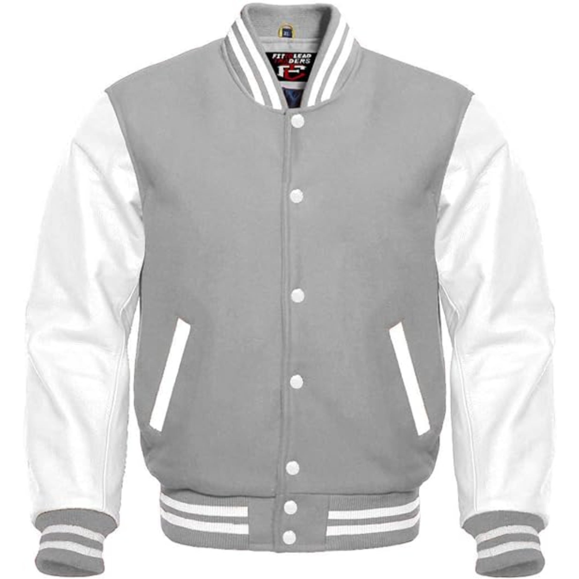 Gray and white varsity jacket on a white background