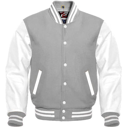 Gray and white varsity jacket on a white background