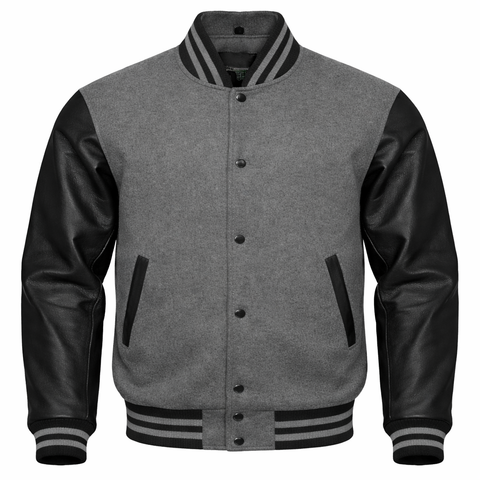Gray varsity jacket with black sleeves on a white background