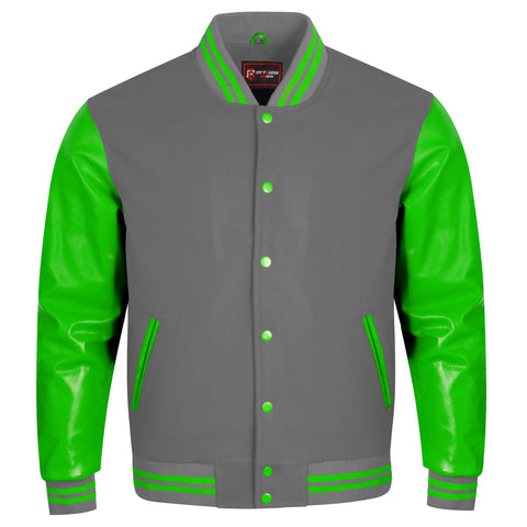 A varsity-style jacket with a gray body and bright green sleeves, collar trim, zipper details, and snap buttons, shown on a plain white background.