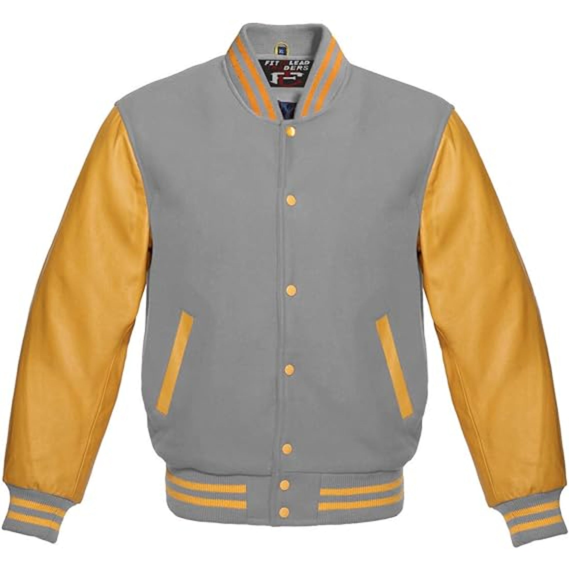 Gray and yellow varsity jacket on a white background