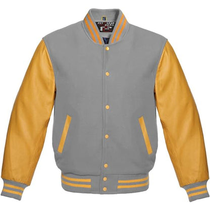 Gray and yellow varsity jacket on a white background