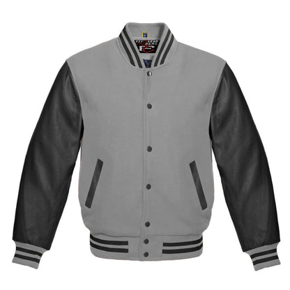 Gray and black varsity jacket with a brand label on a white background