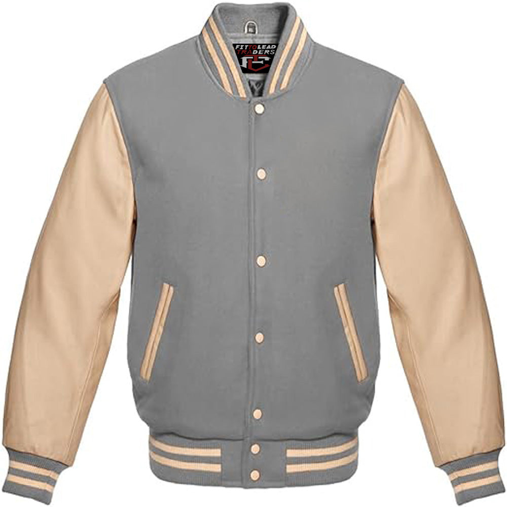 Gray and beige varsity jacket on a white background