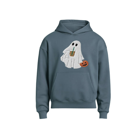 Blue hoodie with a ghost design holding a pumpkin and a cup on a white background