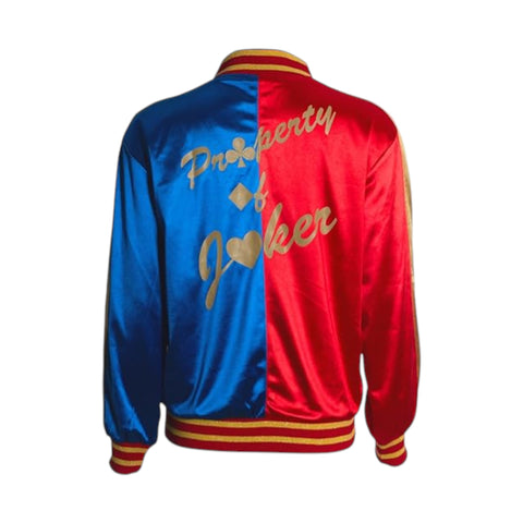 Two-tone blue and red jacket with 'Property of Joker' text on a white background