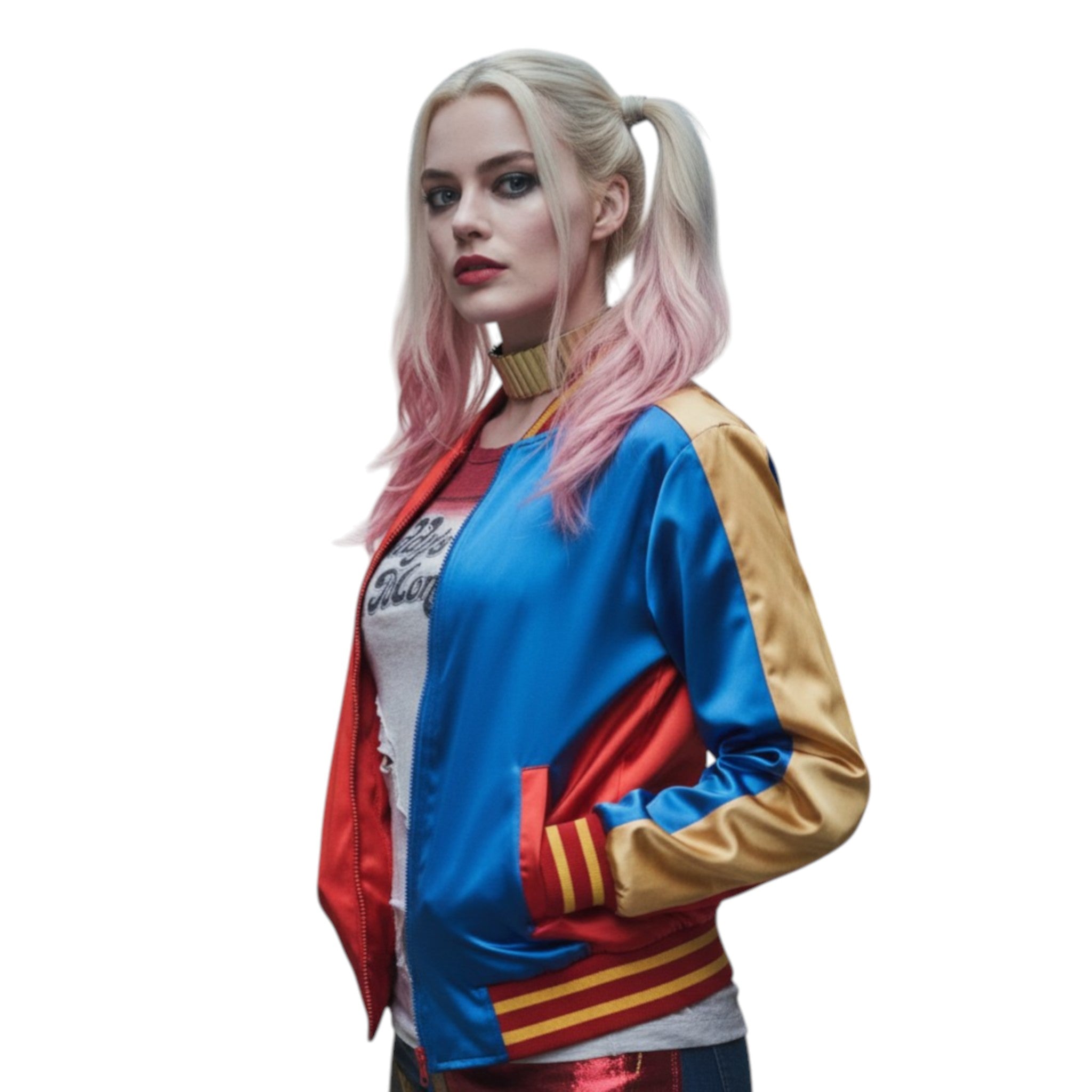 Person wearing a colorful jacket with red, blue, and yellow accents on a white background