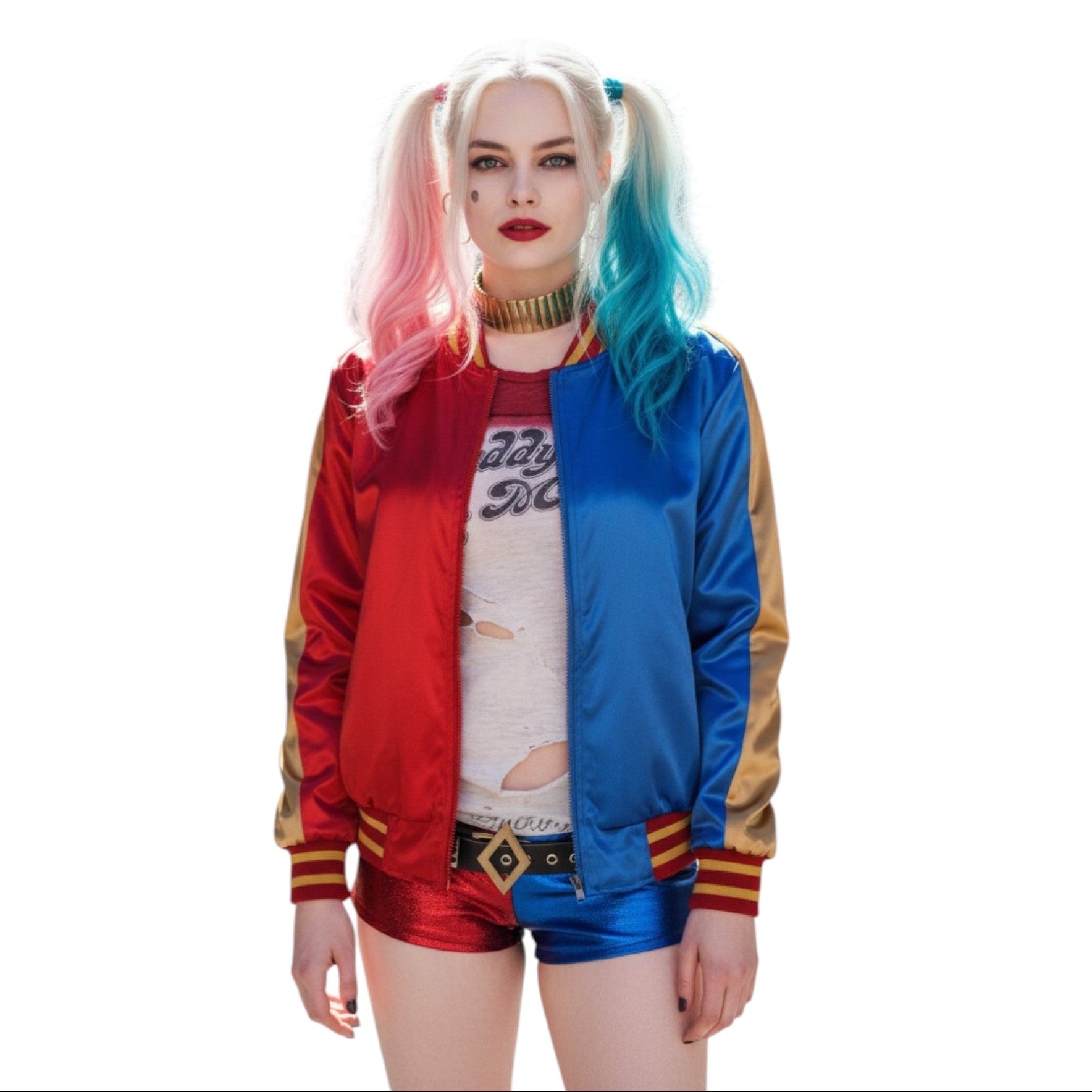 Person wearing a colorful jacket with red, blue, and beige accents on a white background