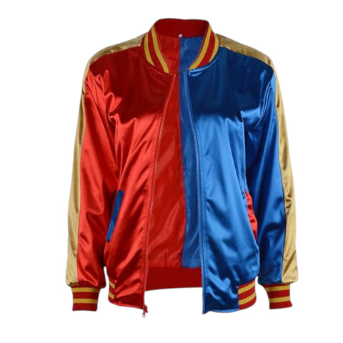 Color-blocked jacket with red, blue, and beige sections on a white background