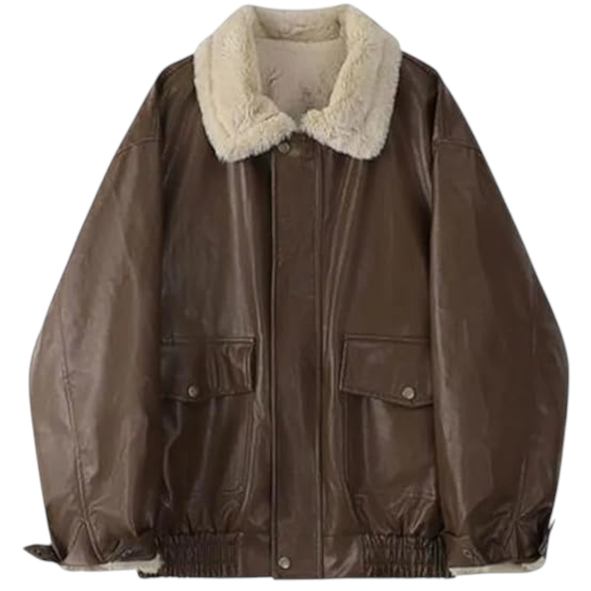 Brown leather jacket with beige fur collar on a white background