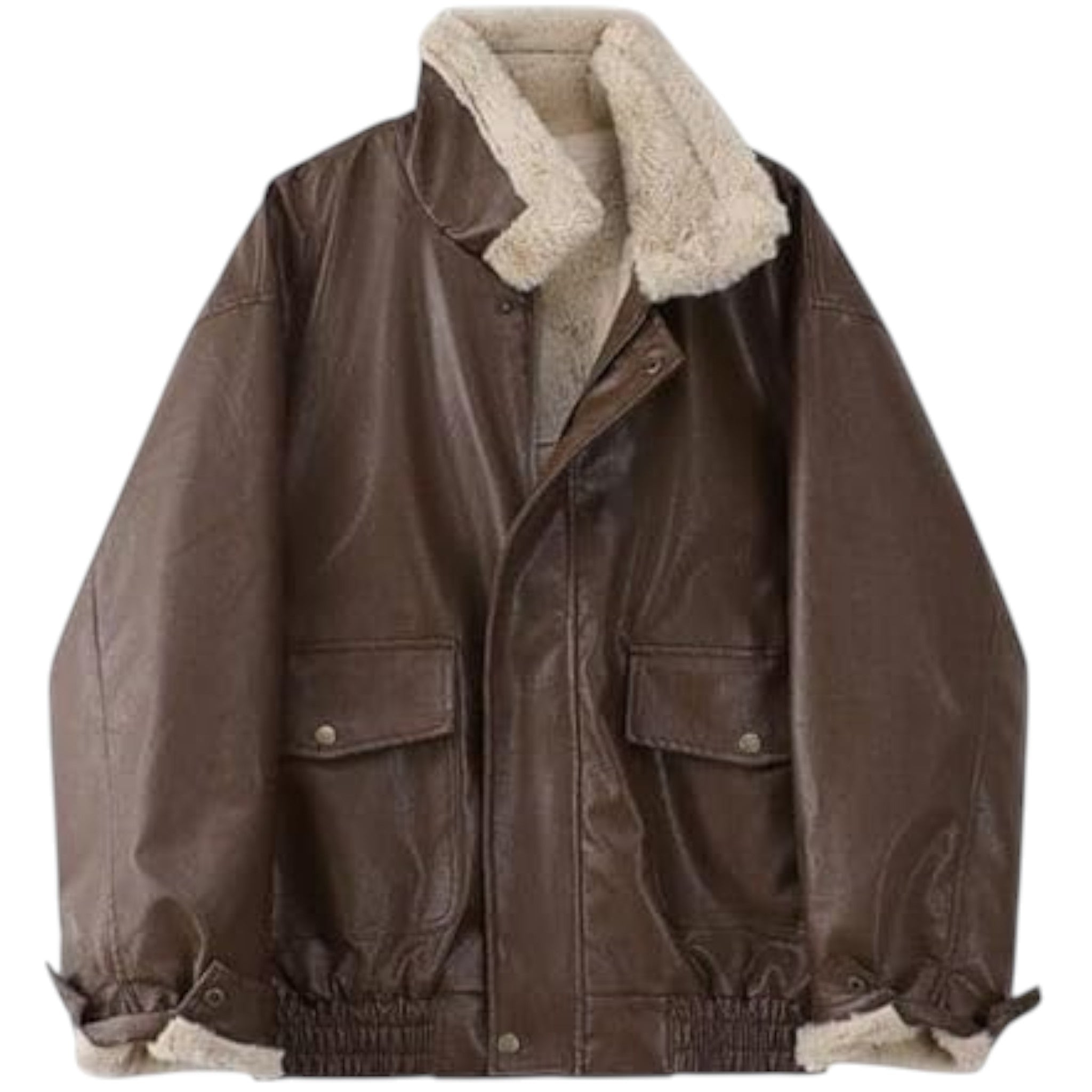 Brown jacket with beige sherpa lining on a white background