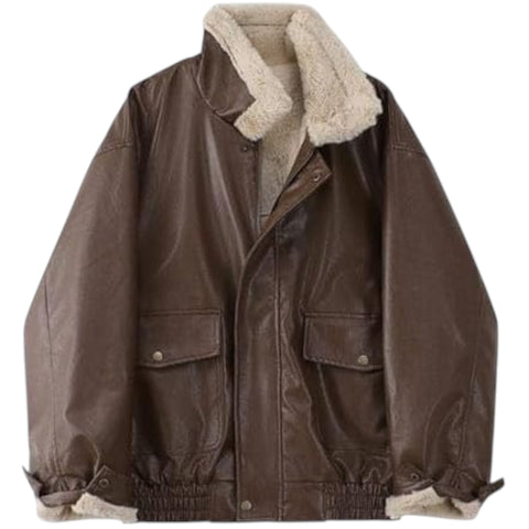 Brown jacket with beige sherpa lining on a white background