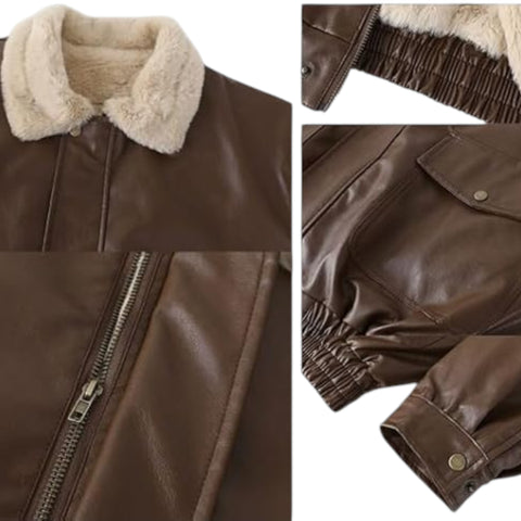Collage of a brown leather jacket with fur collar and details.