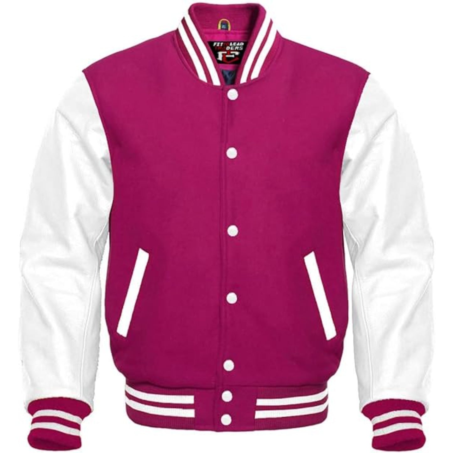 Pink and white varsity jacket on a white background