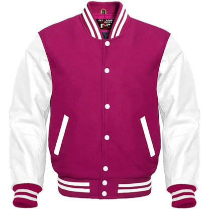 Pink and white varsity jacket on a white background