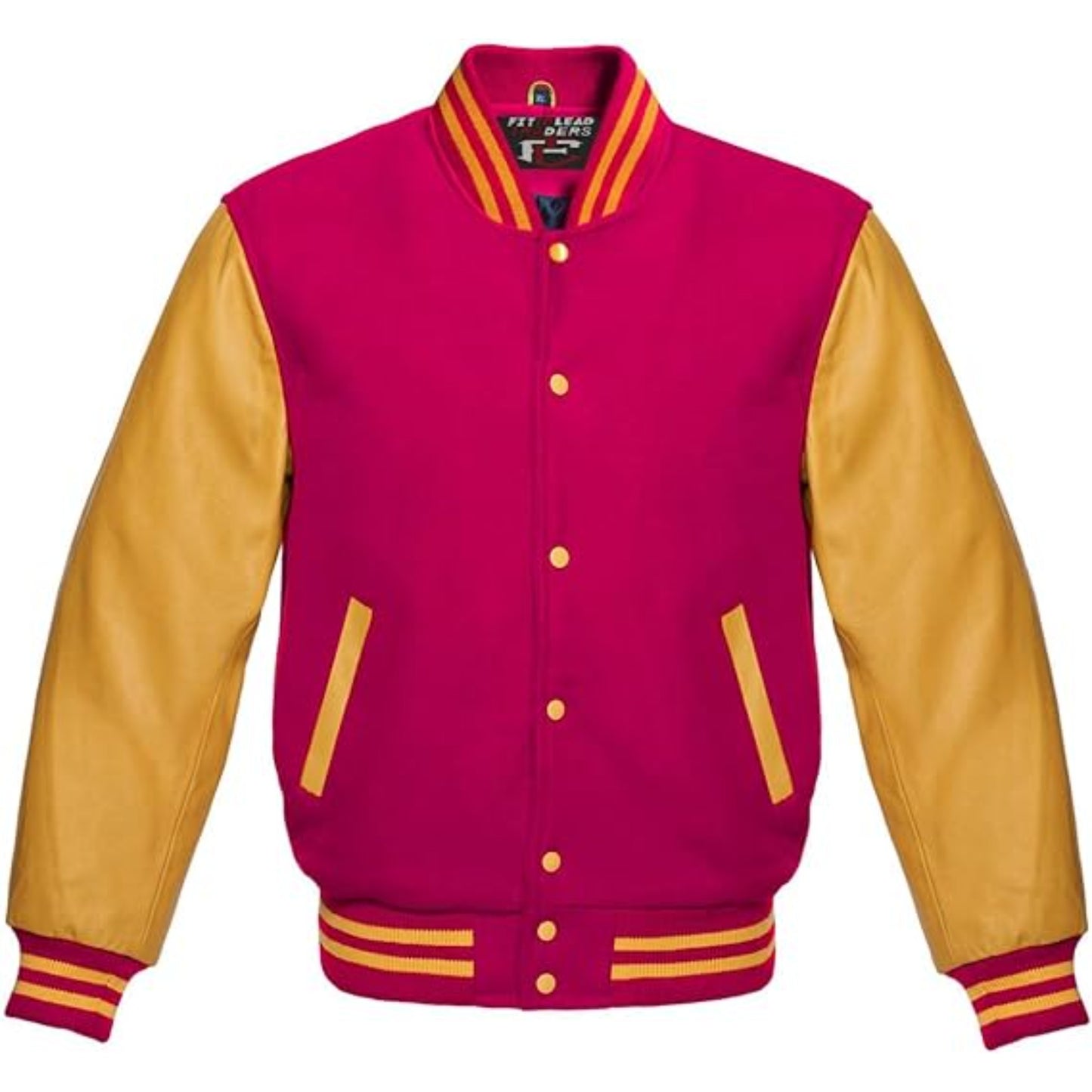 Pink and yellow varsity jacket with button details on a white background