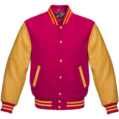 Pink and yellow varsity jacket with button details on a white background