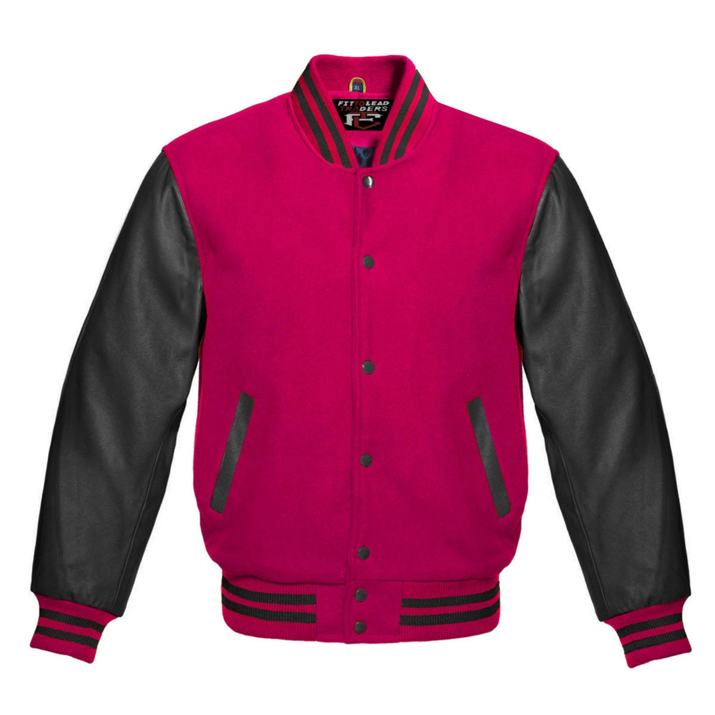 Pink and black varsity jacket on a white background