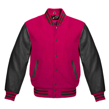 Pink and black varsity jacket on a white background