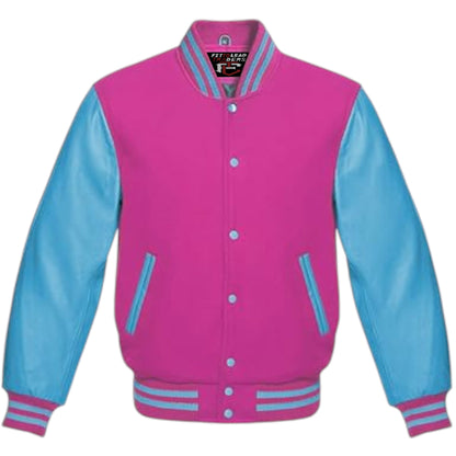 A multicolor wool varsity style jacket with genuine sky blue leather sleeves, featuring a full front snap button closure, ribbing on cuffs, collar, and hem, and multiple pockets.