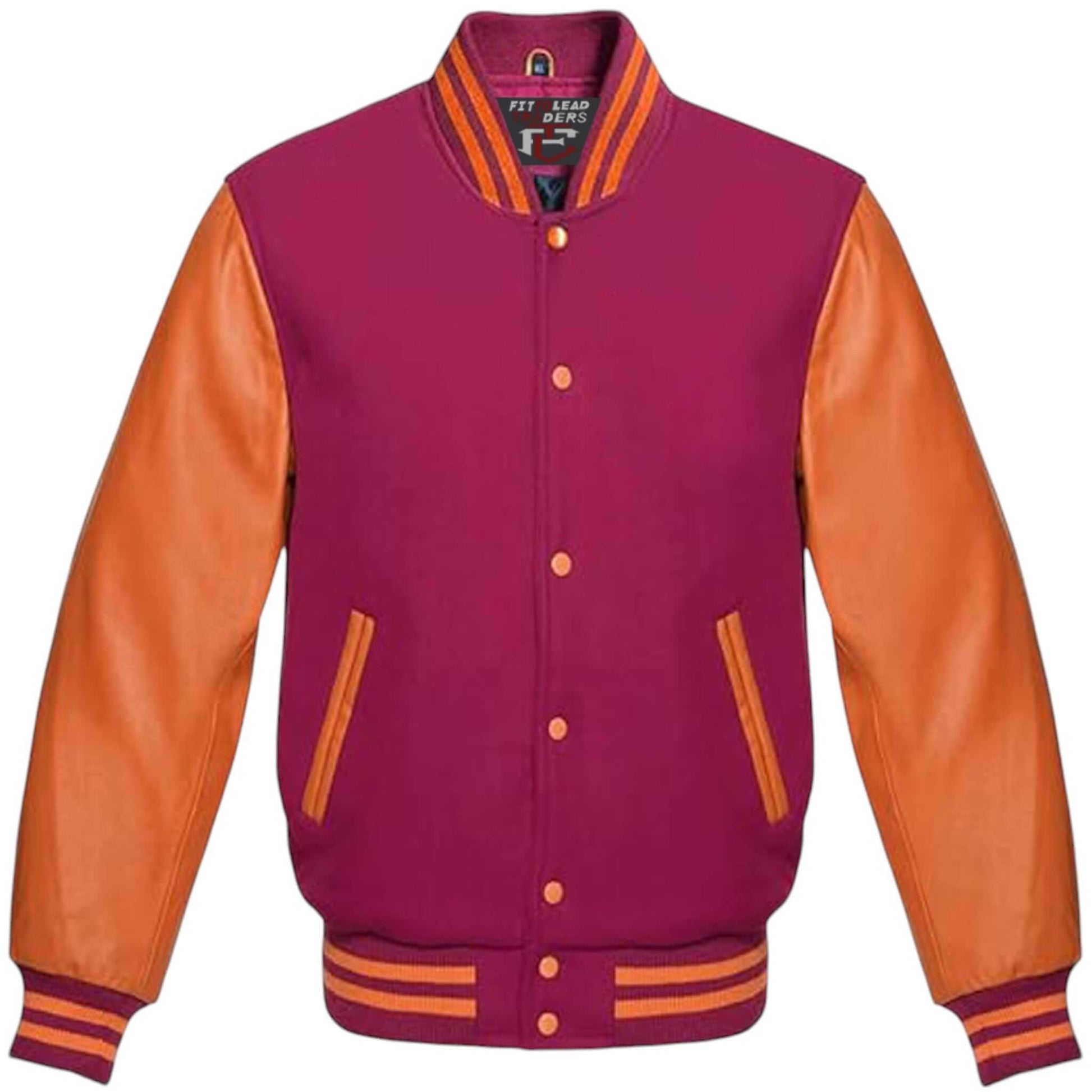Unisex Varsity Jacket Wool Body with Orange Leather Sleeves