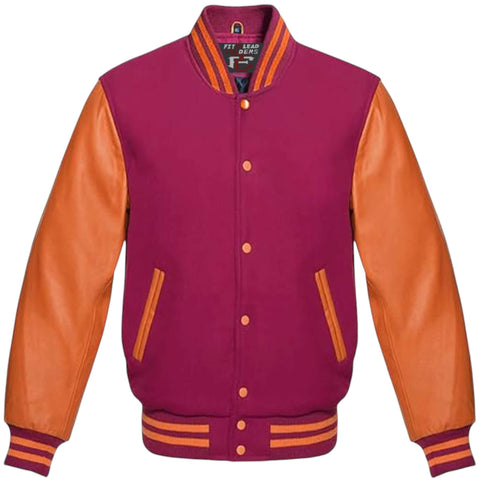 Unisex Varsity Jacket Wool Body with Orange Leather Sleeves