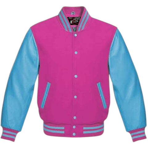 Multicolor Wool Varsity Jacket Genuine Sky Leather Sleeves