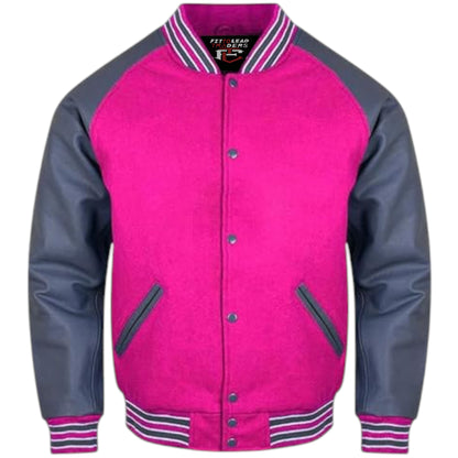 A stylish varsity jacket with a black wool body and grey leather sleeves, featuring a quilted polyester lining, snap buttons, ribbing on the cuffs, collar, and hem, and multiple pockets.