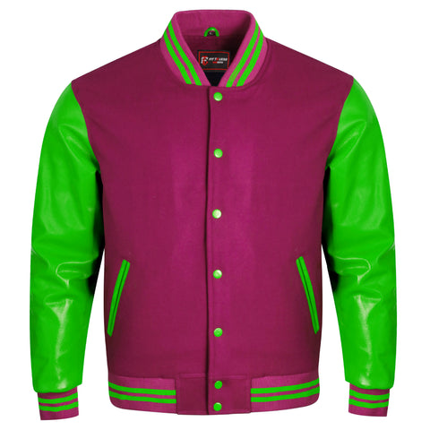 A varsity-style jacket with a magenta-purple body and bright green sleeves, featuring green striped ribbing and green buttons, shown on a plain white background.