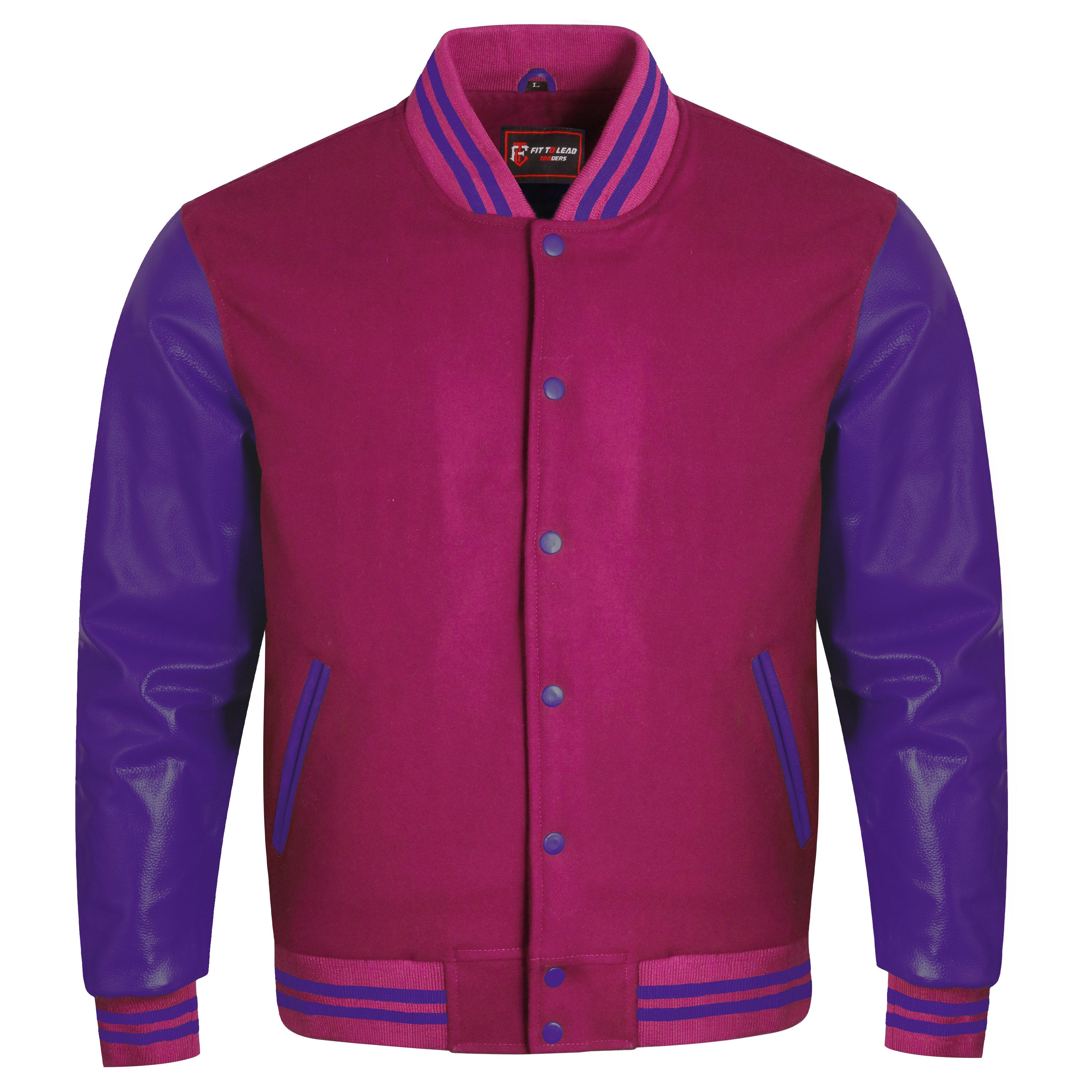 A varsity-style jacket with a magenta-pink body and purple sleeves, featuring purple and pink striped ribbed collar, cuffs, and hem, shown on a plain white background.