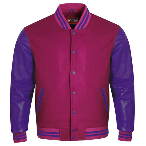 A varsity-style jacket with a magenta-pink body and purple sleeves, featuring purple and pink striped ribbed collar, cuffs, and hem, shown on a plain white background.