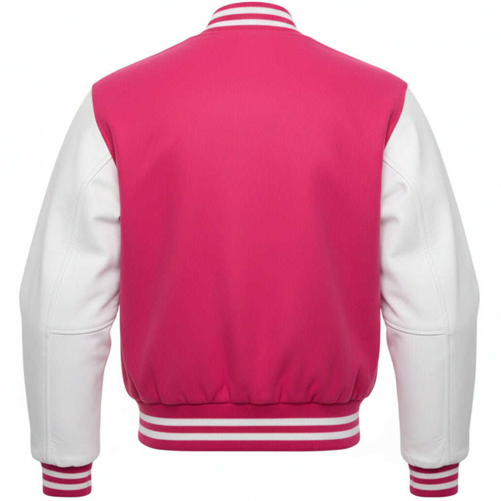 Hot Pink and white varsity jacket on a white background