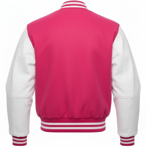 Hot Pink and white varsity jacket on a white background