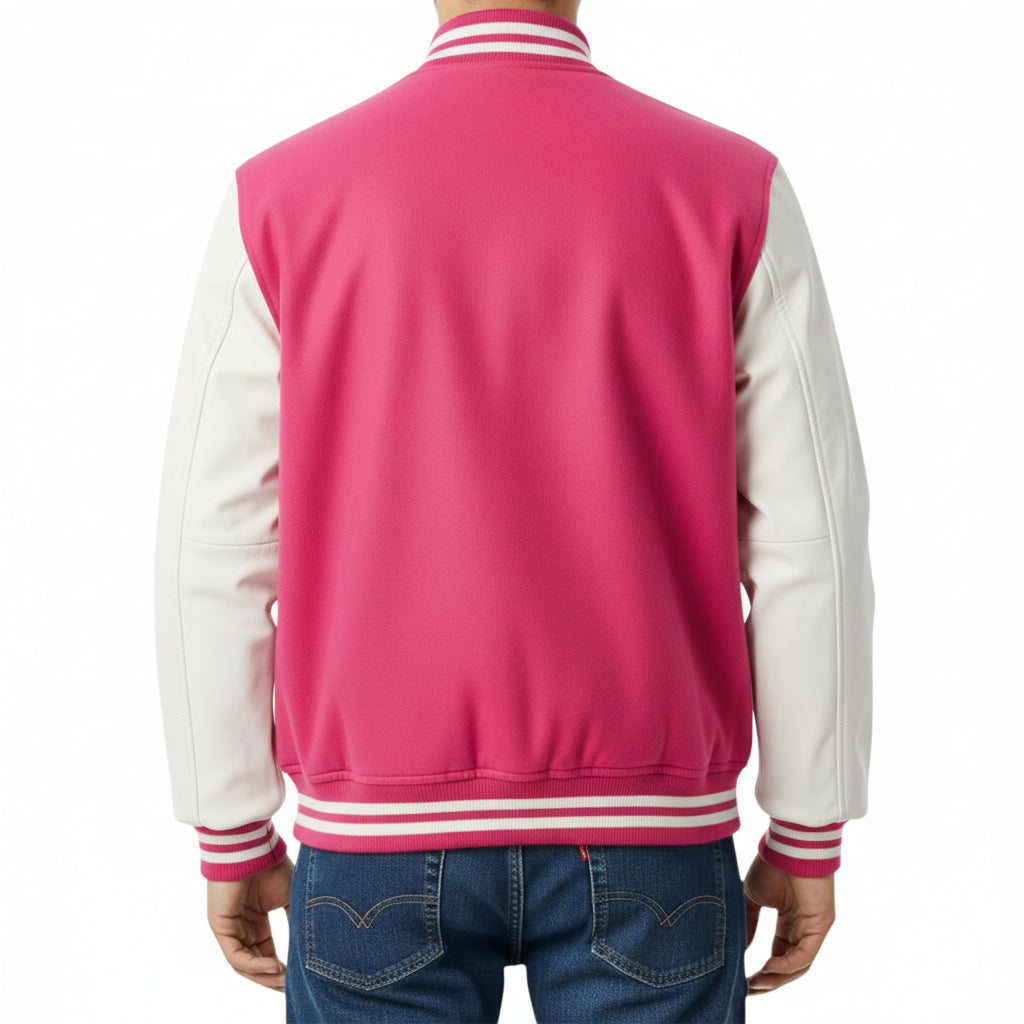 Hot Pink and white varsity jacket on a white background