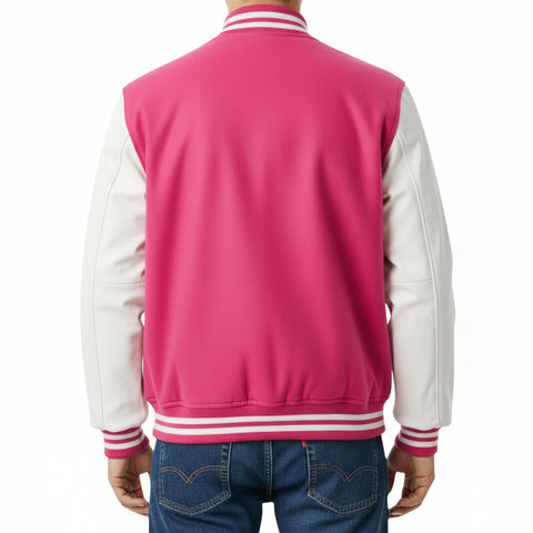 Hot Pink and white varsity jacket on a white background