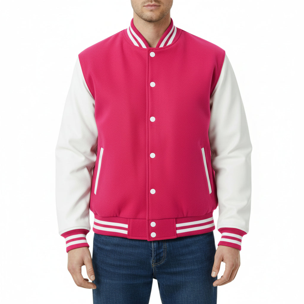 Pink and white varsity jacket worn by a person on a white background