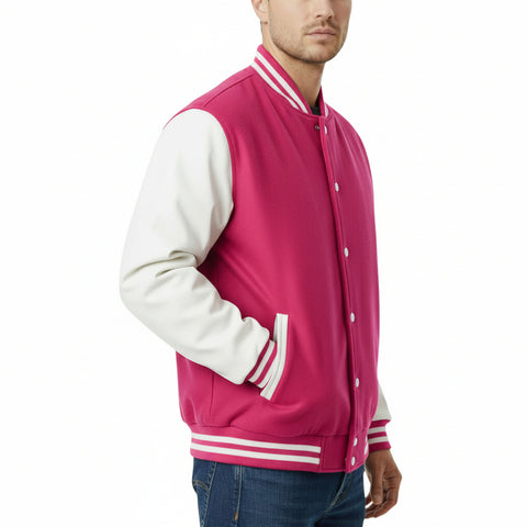 Person wearing a Hot pink varsity jacket with white sleeves on a white background