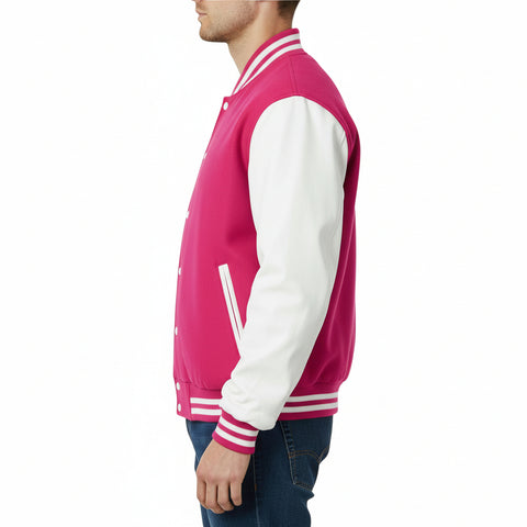 Hot Pink and white varsity jacket worn by a person on a white background