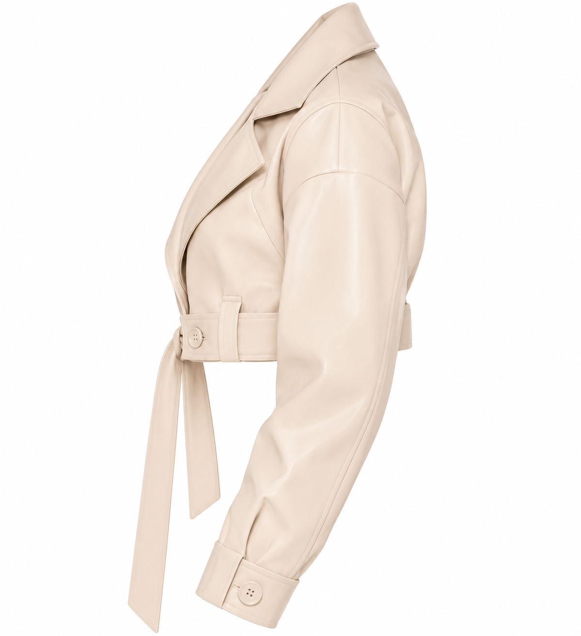 A cropped beige faux-leather trench coat shown from a side profile view against a solid white background.