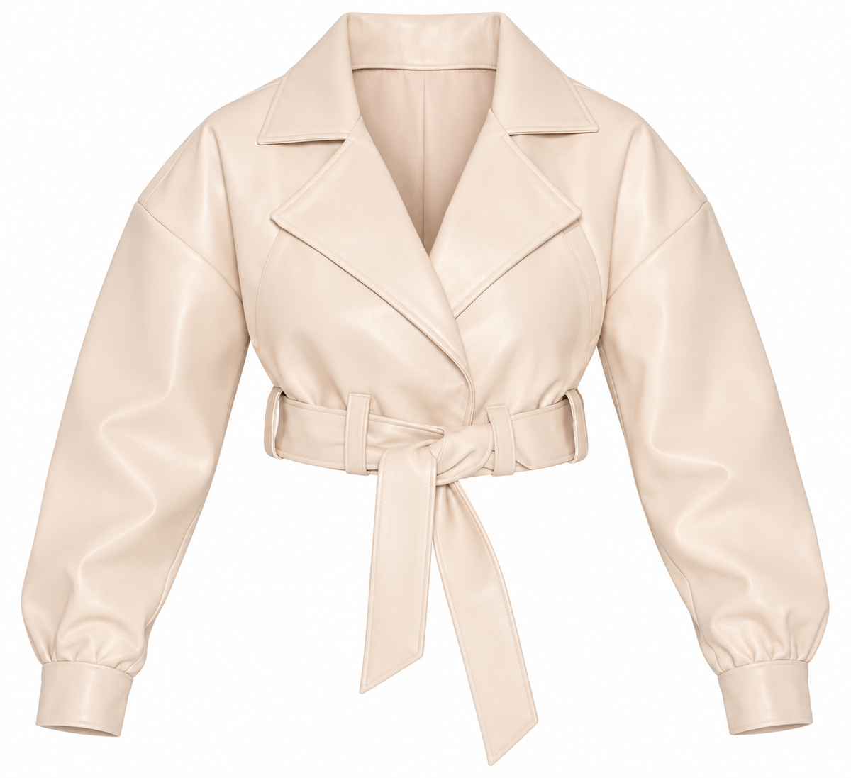 A cropped beige faux-leather jacket with a tie waist belt, shown on a plain white background.