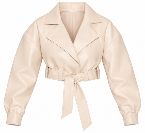 A cropped beige faux-leather jacket with a tie waist belt, shown on a plain white background.