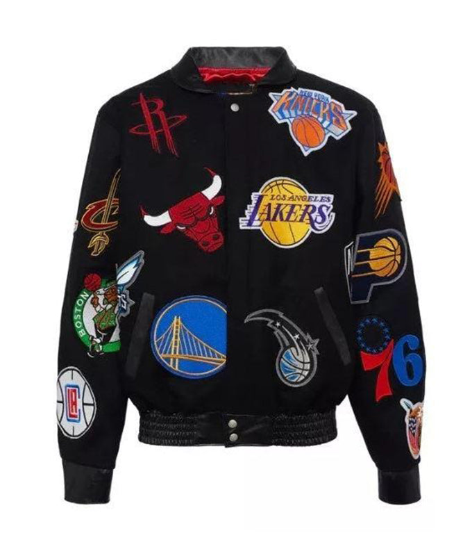 A black varsity-style jacket covered with multiple NBA team patches, including Houston Rockets, Golden State Warriors, Cleveland Cavaliers, Chicago Bulls, Los Angeles Lakers, Philadelphia 76ers, Golden State Warriors, Orlando Magic, Los Angeles Clippers, and Miami Heat logos, shown on a plain white background.