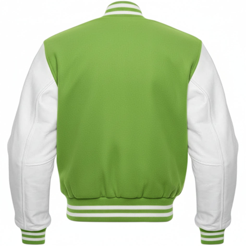 Kelly Green and white varsity jacket on a white background