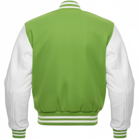 Kelly Green and white varsity jacket on a white background
