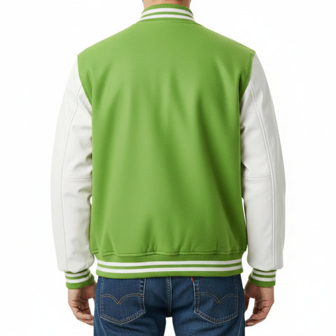  Kelly Green and white varsity jacket on a person with a white background