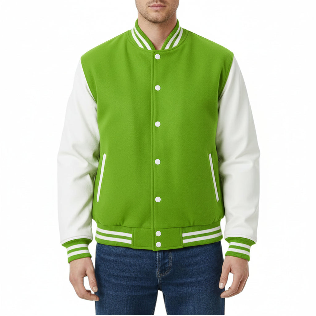 Kelly Green and white varsity jacket worn by a person on a white background