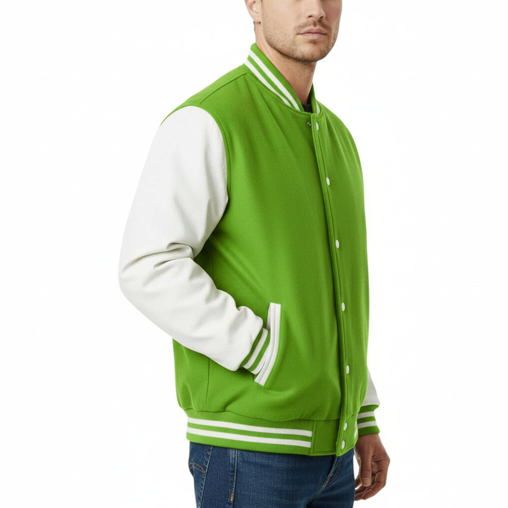Kelly Green and white varsity jacket worn by a person on a white background