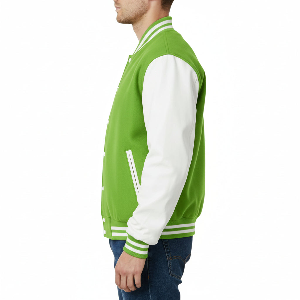 Kelly Green and white varsity jacket worn by a person on a white background