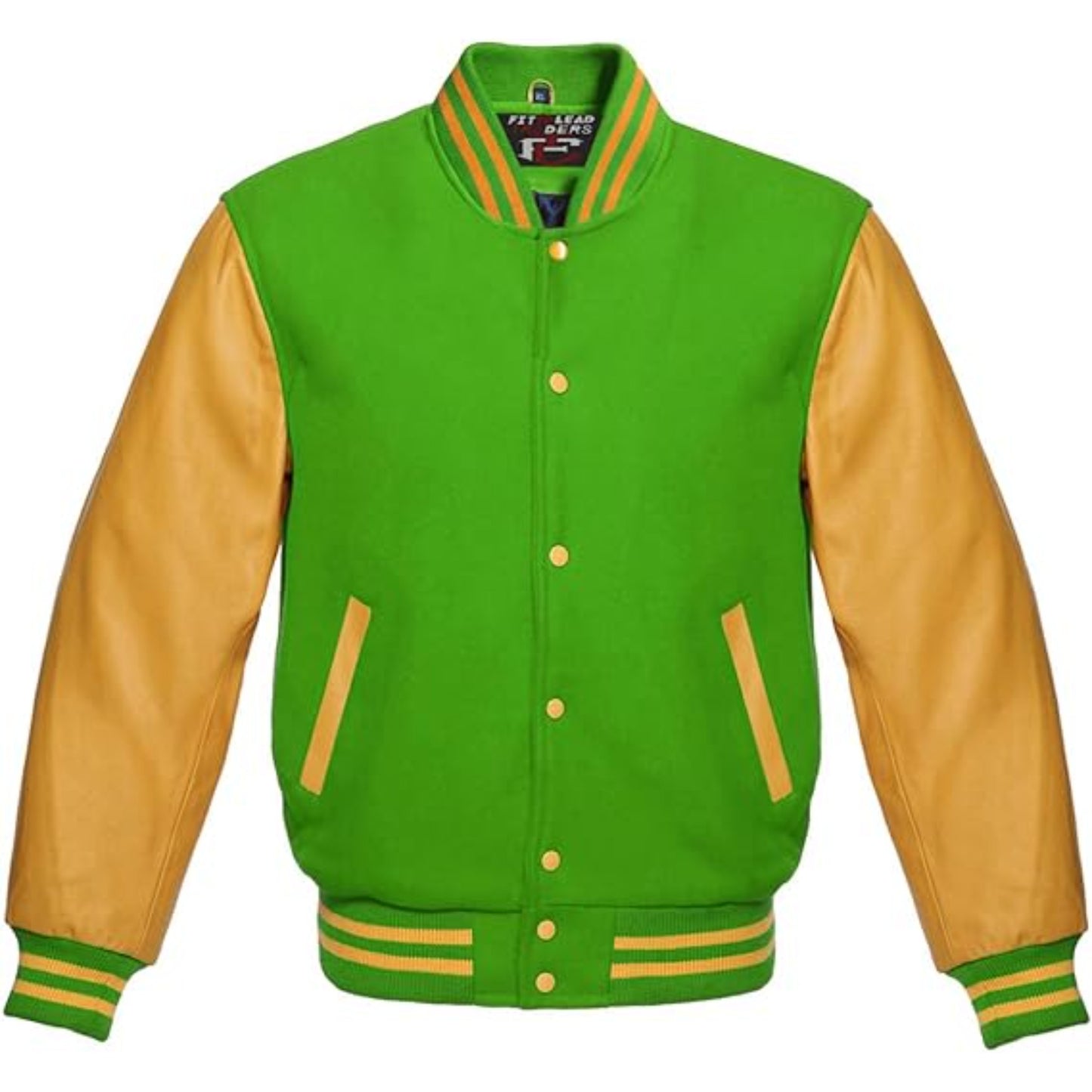 Green and beige varsity jacket with button details on a white background